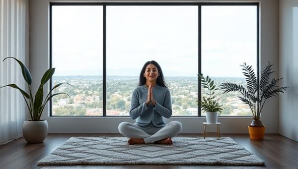 An online mindfulness session scenario with a coach guiding subscribers through relaxation exercises, meditation practices, and positive affirmations in a serene virtual environment, promoting mental well-being and emotional balance.