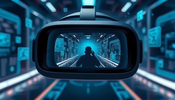 A virtual reality headset displaying a futuristic and mysterious escape room scenario, with digital puzzles and clues floating in the air, creating a sense of adventure and challenge.