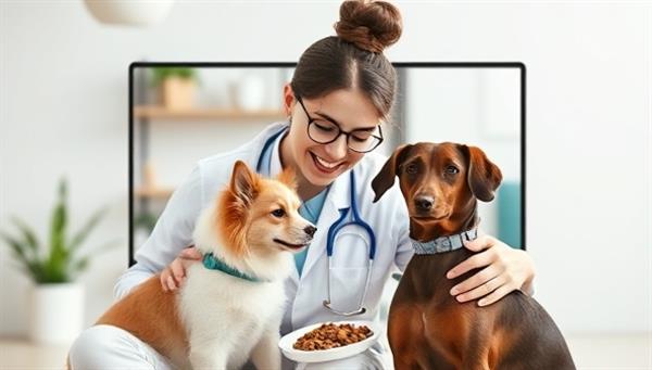 An endearing visual of a virtual pet care consultation session with a veterinarian interacting with a pet owner and their furry companion on a video call, showcasing a caring and informative approach to virtual pet healthcare and well-being.