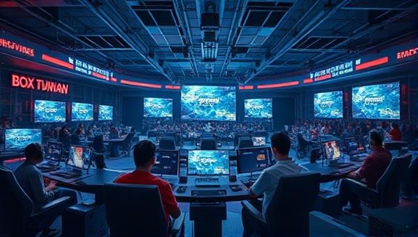 A futuristic virtual gaming arena setting with gamers from around the world competing in a multiplayer tournament, surrounded by high-tech gaming equipment, digital screens displaying gameplay, and a virtual audience cheering and spectating, capturing the excitement and competitive spirit of esports in a virtual gaming environment.