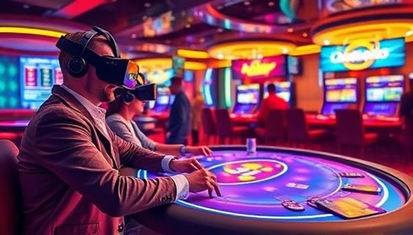 A dynamic and futuristic virtual reality casino setting with players wearing VR headsets, engaging in a game of poker at a digital table surrounded by vibrant lights and virtual chips, showcasing the immersive and innovative aspect of the VR Casino Quest experience.