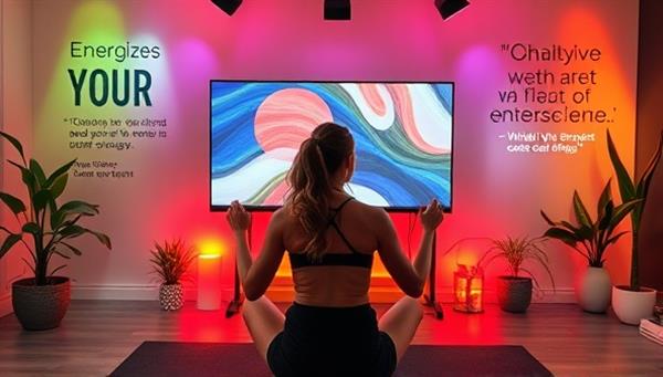 A vibrant virtual energy fitness coaching scene featuring a coach leading a client through a virtual workout session, surrounded by energizing visuals, motivational quotes, and wellness symbols, promoting vitality and holistic well-being with EnergiBoost Coaching.