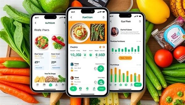 An interactive nutrition app interface displaying meal plans, grocery suggestions, progress tracking charts, and direct messaging with a nutrition coach, set against a colorful and wholesome food backdrop, creating a vibrant and user-friendly impression.