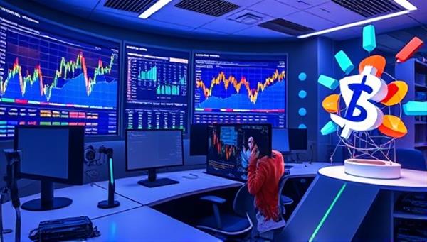 A dynamic and futuristic office space with digital screens displaying cryptocurrency price charts, a person analyzing market trends on a tablet, and a modern artwork symbolizing the innovative and cutting-edge nature of cryptocurrency investments.