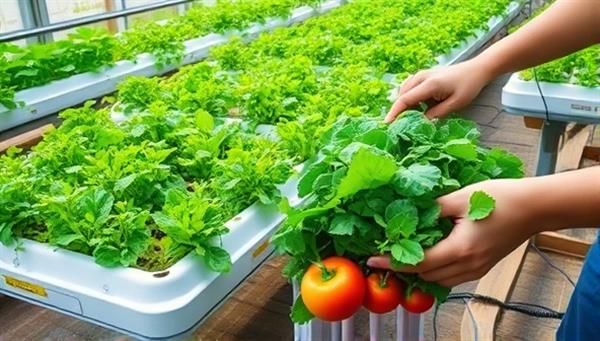 An aquaponic farm scene featuring lush green plants growing in water tanks, with a harvest of colorful vegetables and herbs being carefully picked and prepared for delivery, showcasing the sustainable and innovative farming method.