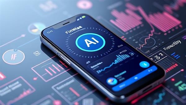 An artistic representation of a smartphone screen displaying the FinWiseAI app interface, with futuristic AI elements and financial data visualizations, symbolizing intelligent and proactive financial assistance for users in the digital age.