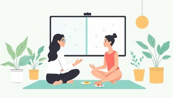 A serene digital illustration of a virtual wellness coaching session, featuring a coach and a client engaging in a video call surrounded by calming elements like plants, yoga mats, and healthy snacks, promoting a sense of balance and positivity.