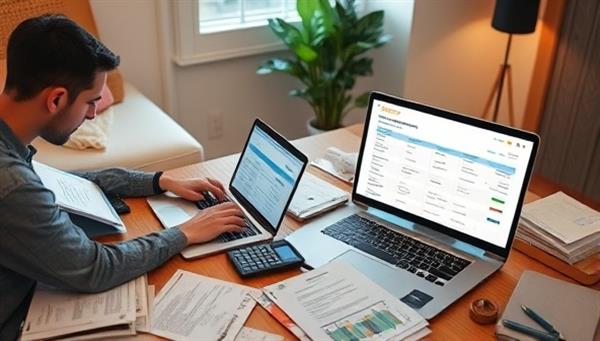 A cozy home office setup with a freelancer working on a laptop, surrounded by tax forms, receipts, a calculator, and a digital screen displaying the SoloTaxMate software interface, symbolizing ease and efficiency in tax compliance for independent workers.