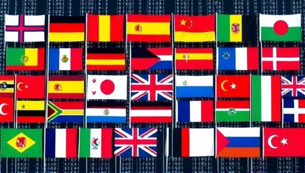 An array of international flags symbolizing diversity and multilingual capabilities, displayed against a digital backdrop, representing the global reach and language expertise of the translation consultancy.