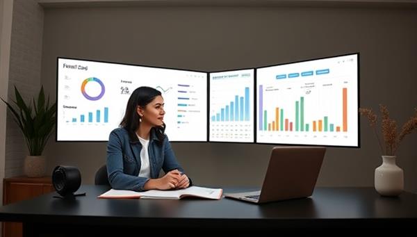 A professional and organized virtual financial coaching session featuring a finance coach discussing investment portfolios and financial goals with a client through a digital financial planner tool, creating a sense of empowerment and financial well-being for individuals seeking financial guidance.