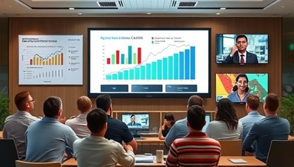 An online learning platform interface with a diverse group of students attending a virtual real estate investment course, interacting with charts, videos, and quizzes, representing a dynamic and interactive educational experience.