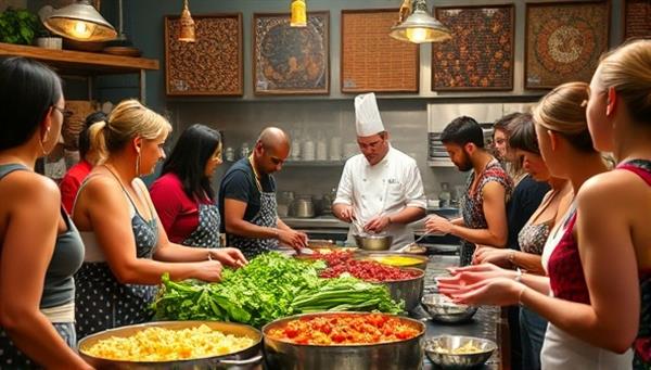 A vibrant cooking class setting with participants gathered around a chef demonstrating techniques, colorful ingredients on display, and the aromas of exotic spices filling the air, evoking a sense of culinary exploration and cultural immersion.