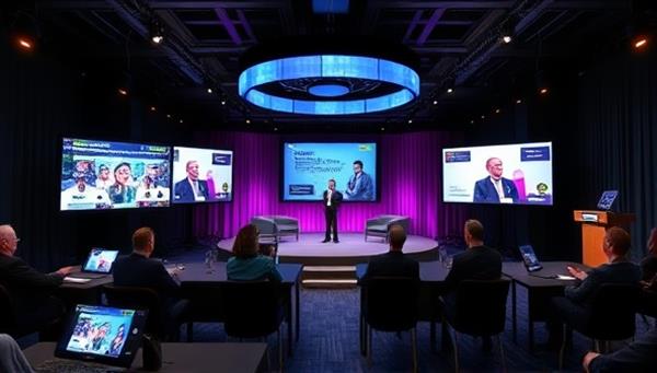 An immersive virtual event setup with a variety of screens displaying interactive content, virtual attendees engaging in discussions, and a virtual stage with a speaker presenting, illustrating the dynamic and engaging nature of virtual events.