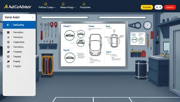 An interactive digital platform displaying a virtual car workshop with tools, diagrams, and troubleshooting tips, guiding users through common car maintenance tasks and repair procedures, creating a user-friendly and informative experience on AutoCare Advisor.