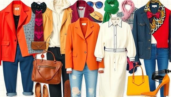 A vibrant and stylish collage of clothing items and accessories, creatively arranged to showcase different fashion styles and color combinations, evoking a sense of personal style and fashion diversity.