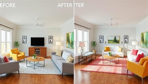 A split-screen image showing a room before and after virtual staging, highlighting the transformation with modern furniture, vibrant colors, and enhanced lighting, showcasing the potential of virtual staging.