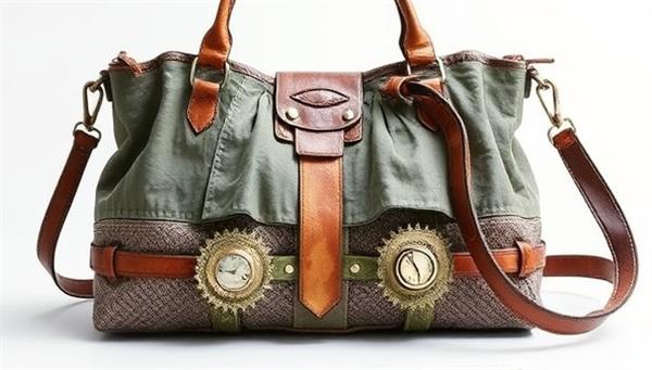 An artistic representation of a stylish handbag made from upcycled materials, featuring intricate details and textures that highlight the creativity and sustainability of the accessory.