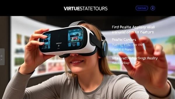 An engaging VR headset display featuring a person exploring a virtual property tour with realistic room layouts, detailed property features, and interactive navigation controls, highlighting the immersive and cutting-edge nature of VirtuEstate Tours