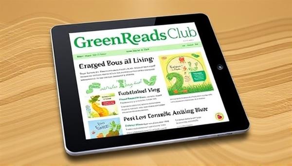 A digital tablet displaying the latest issue of GreenReads Club with vibrant green-themed illustrations, eco-friendly tips, and engaging articles on sustainable living, conveying a sense of environmental consciousness and community connection.