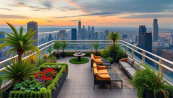 An artistically designed rooftop garden showcasing lush greenery, colorful flowers, and cozy seating areas with a panoramic view of the city skyline, illustrating the beauty and tranquility of urban oasis creation.