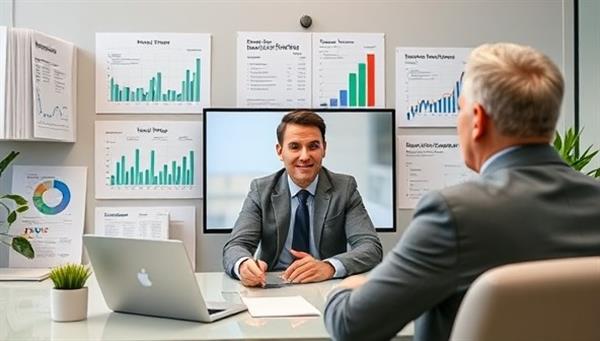 A professional virtual consultation setup featuring a financial advisor engaging with a client via video call, surrounded by financial planning charts, investment reports, and retirement planning documents, conveying trust, expertise, and personalized financial guidance.