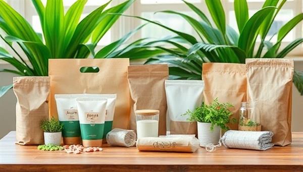 An assortment of biodegradable packaging materials neatly arranged on a wooden table, with green plants in the background, conveying a natural and eco-friendly vibe.