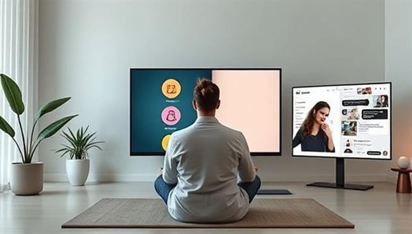 A serene digital space showcasing a therapist conducting a teletherapy session with a client, mindfulness exercises displayed on a screen, and a support group chat for subscribers, symbolizing the integrated and supportive mental wellness environment of Mindful Therapy Hub.