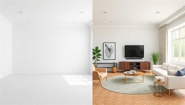 A split-screen image showing a plain, empty room on one side and the same room digitally staged with modern furniture and decor on the other side, highlighting the transformative power of virtual staging.