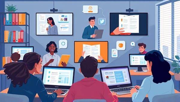 An artistic representation of diverse students virtually connecting in a study group setting, with digital screens displaying shared notes, study materials, and interactive quizzes, fostering a collaborative and engaging learning atmosphere.