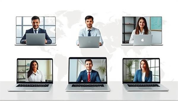 A virtual meeting setup with professionals in diverse locations, each with a laptop displaying a virtual consultation session, emphasizing global connectivity and professional online interactions.