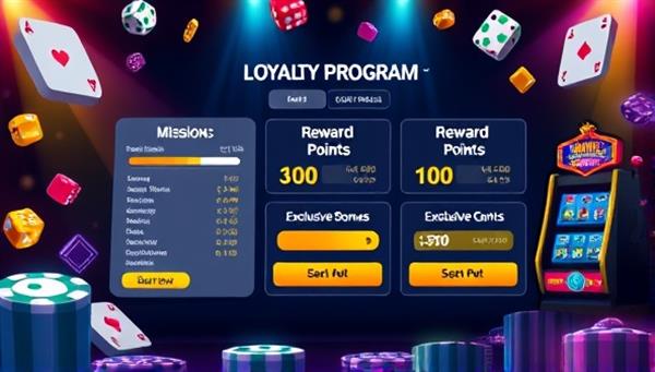 An interactive loyalty program interface showcasing mission progress, reward points, and exclusive bonuses, surrounded by animated casino-themed elements like dice, playing cards, and slot machines, creating an immersive and engaging environment that reflects the gamified nature of the online casino loyalty program.