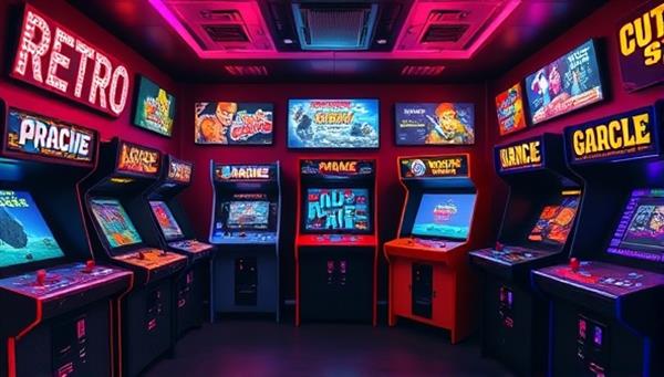 An image of a virtual arcade room filled with classic arcade cabinets and neon lights, with a mix of famous retro gaming characters and titles displayed on screens, evoking a sense of nostalgia and excitement for the subscription service.