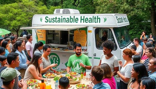 A vibrant image of the Sustainable Health Food Truck surrounded by a diverse crowd of people enjoying colorful plant-based dishes, fresh ingredients, and eco-friendly packaging, set against a backdrop of lush greenery and smiling faces, capturing the essence of sustainable dining and community engagement.