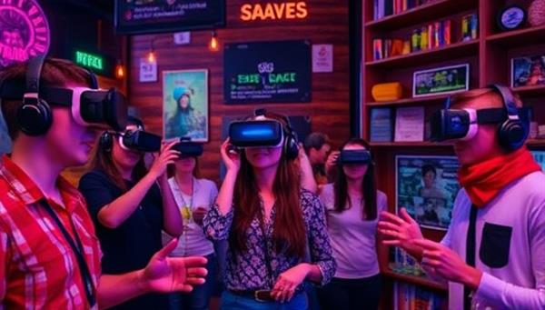 An engaging virtual escape room scene depicting players wearing VR headsets, surrounded by digital puzzles and clues, working together to solve challenges and unlock new levels, capturing the excitement and teamwork of the experience.
