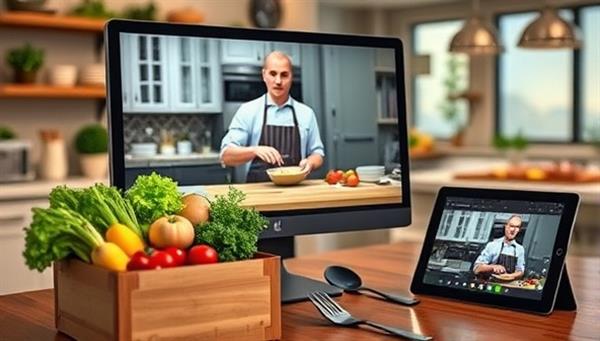 A computer screen displaying a virtual cooking class with a chef guiding participants through a recipe, a box of fresh ingredients, cooking utensils, and a tablet with a culinary app, set against a backdrop of a bustling virtual kitchen environment, showcasing the interactive and immersive nature of the virtual cooking classes.