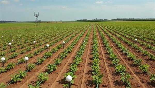 An array of sophisticated soil sensors deployed across a vast agricultural field, transmitting data wirelessly to a central monitoring station where farmers analyze real-time soil health metrics on a digital dashboard, illustrating the precision and efficiency of AgriSense Analytics