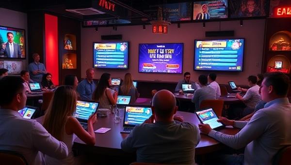 A lively virtual game night setting with participants engaged in a competitive trivia game on their devices, with colorful graphics and animated avatars, capturing the excitement and camaraderie of the online trivia event.