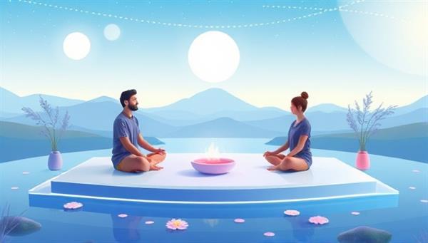 A serene digital illustration of a virtual mental wellness session, featuring individuals practicing mindfulness and relaxation exercises on a tranquil digital platform surrounded by calming nature elements, symbolizing peace and self-care.