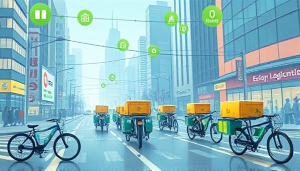 A futuristic illustration depicting a network of electric vehicles and bicycles making deliveries in a bustling urban environment, with green energy symbols and eco-friendly packaging, representing the sustainable and efficient operations of EcoDrop Logistics in urban delivery services.