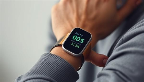 An individual wearing a sleek health monitoring wearable device on their wrist, displaying vital signs and activity levels on a vibrant digital screen, illustrating the device