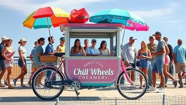 A charming and whimsical ice cream bicycle cart adorned with colorful umbrellas and serving scoops of artisanal ice cream to a diverse crowd, evoking a sense of joy, nostalgia, and summertime delight with Chill Wheels Creamery