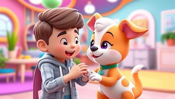 An adorable virtual pet avatar interacting with its owner in a vibrant and colorful virtual environment, showcasing the bond between the user and their customizable digital companion.