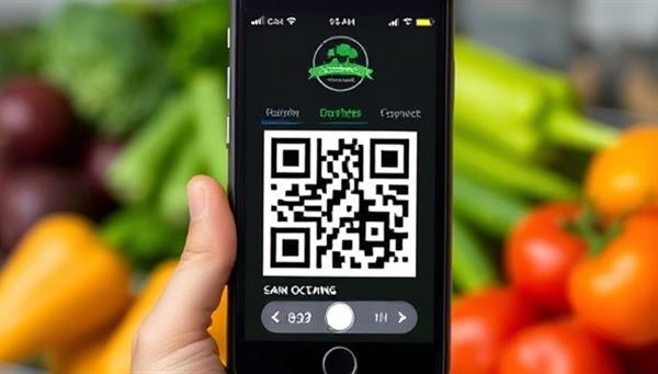 An interactive mobile app interface displaying a QR code on a product label that, when scanned, reveals a detailed blockchain record of the product