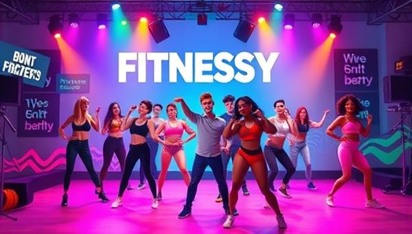 An eye-catching visual of a virtual fitness party with animated avatars dancing to music, colorful workout backgrounds, and motivational slogans, conveying energy and positivity.