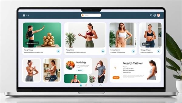 An online platform showcasing a variety of wellness services such as virtual fitness classes, nutritional consultations, and mental health resources, creating a vibrant and holistic wellness ecosystem.
