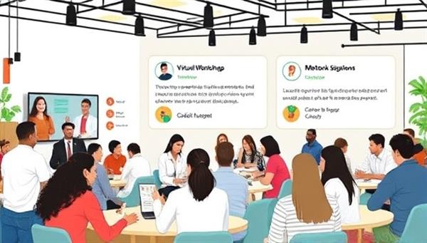 A digital incubator hub featuring virtual workshops, mentorship sessions, and networking events for food entrepreneurs, with a diverse group of participants engaging in collaborative discussions and idea-sharing, symbolizing the supportive and innovative environment of the platform.