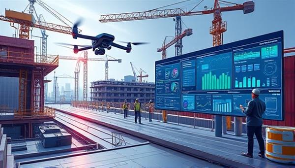 A futuristic visualization of a construction site with sensors and drones monitoring progress, data streams displayed on a digital dashboard, and project managers analyzing real-time information on large screens, showcasing the efficiency and innovation of smart construction monitoring.