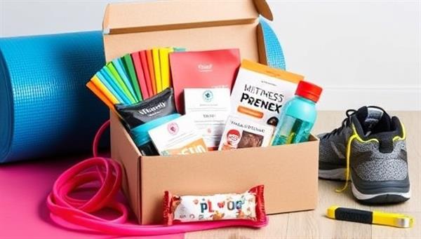 A vibrant fitness box bursting with colorful resistance bands, workout cards, protein bars, a motivational water bottle, and a skipping rope, set against a backdrop of a yoga mat, running shoes, and a fitness tracker, inspiring viewers to embark on a fitness journey full of energy and excitement.