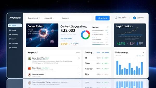 A sleek and futuristic interface of the ContentGenie platform, displaying real-time content suggestions, keyword insights, and performance metrics in a user-friendly dashboard, highlighting the tool