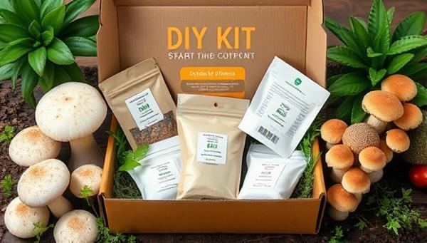 An attractive DIY kit box filled with mushroom cultivation supplies, including substrate bags, spores, and growing instructions, surrounded by fresh mushrooms and greenery, inviting users to start their mushroom growing journey.